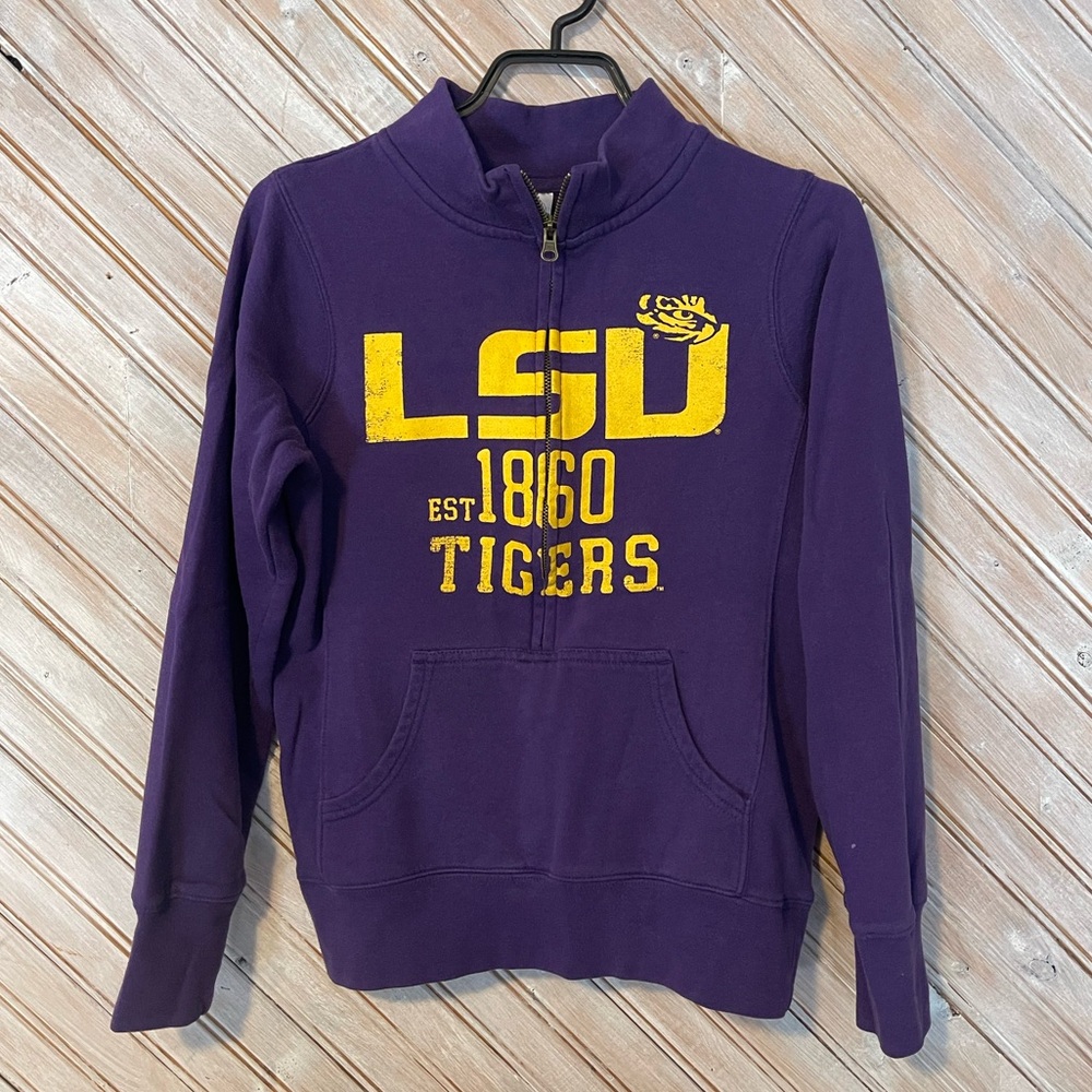 Vintage LSU Tigers collage football purple & yellow 3/4 zipper sweater 1860 SM